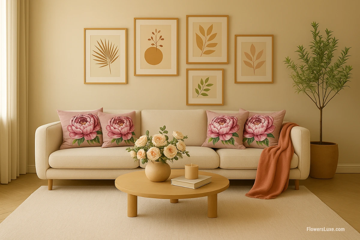 Pink peony floral throw pillows on a cream fabric sofa beneath botanical wall prints