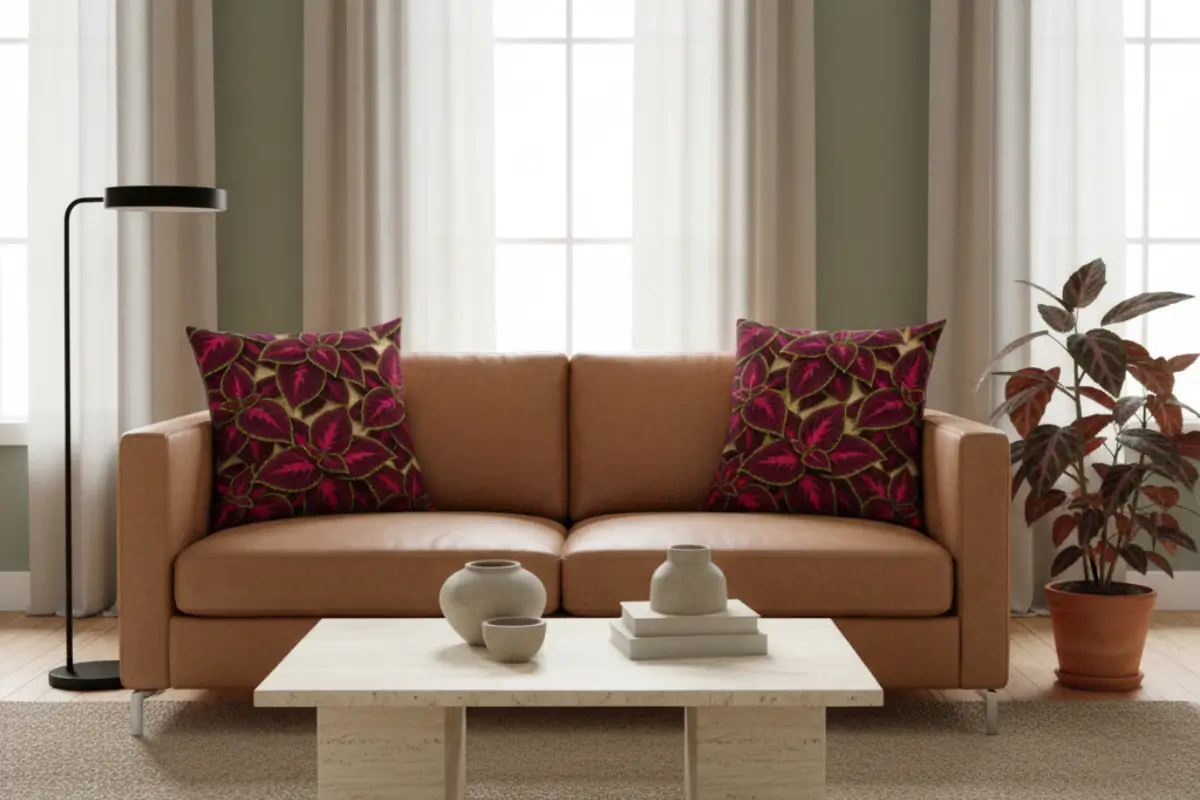 Contemporary living room with sofa styled with vibrant flower pillows featuring pink and green leaf patterns and modern decor