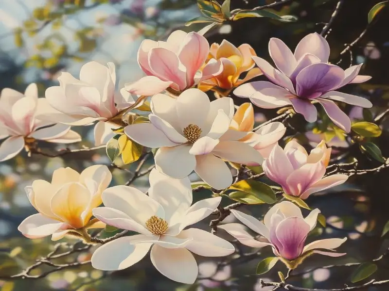 Magnolia flowers in white, pink, yellow, and purple colors illustrating their symbolism - Magnolia Flower Meaning and Symbolism Explained