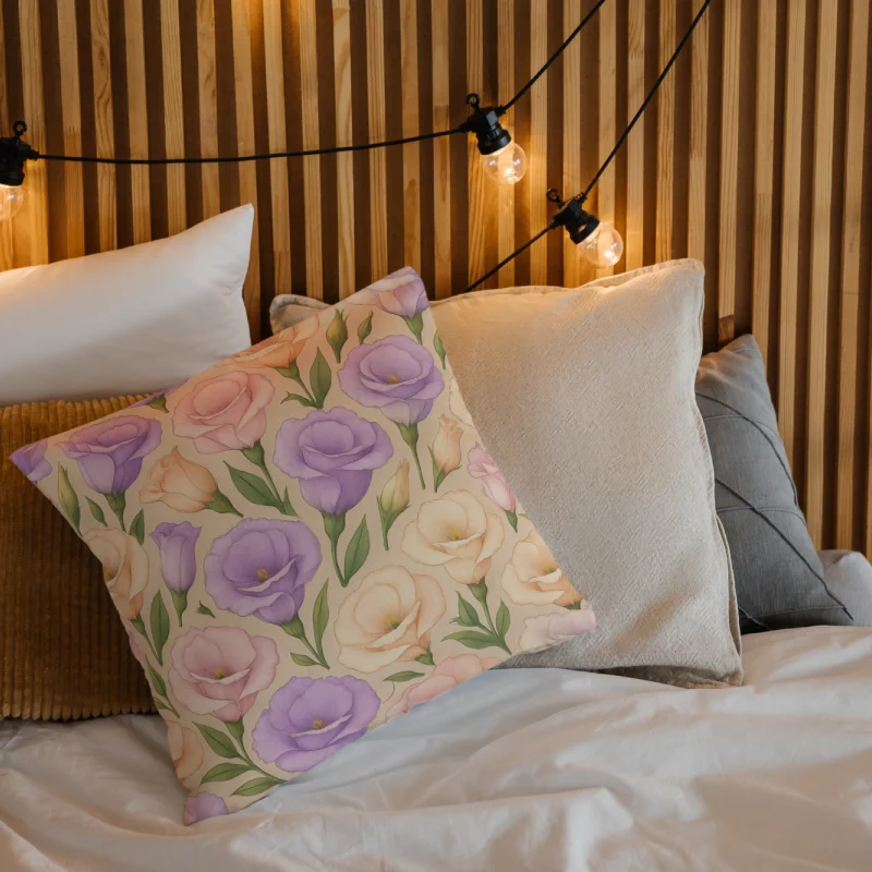 Lilac and ivory Eustoma pillow on an accent chair with neutral textures
