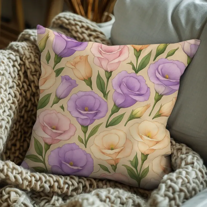 Eustoma floral decorative cushion styled on a modern sofa