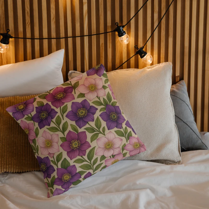 Hellebore floral pillow layered with cozy throws in a modern bedroom