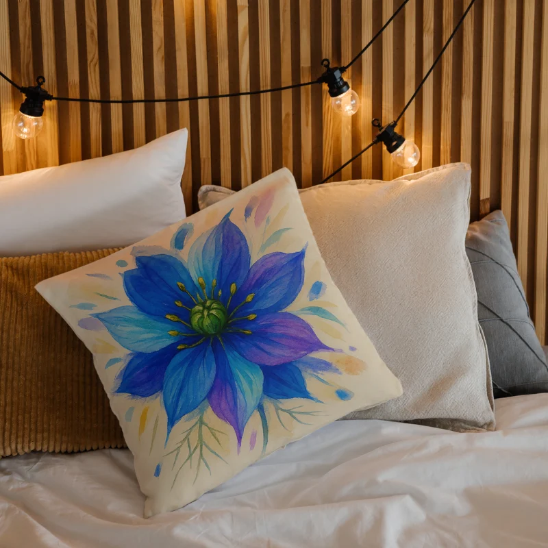 Bold Nigella abstract floral pillow on an accent chair with minimal decor