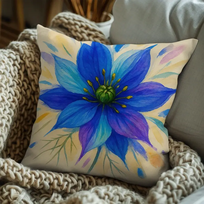 Abstract Nigella decorative cushion with golden highlights on a modern sofa