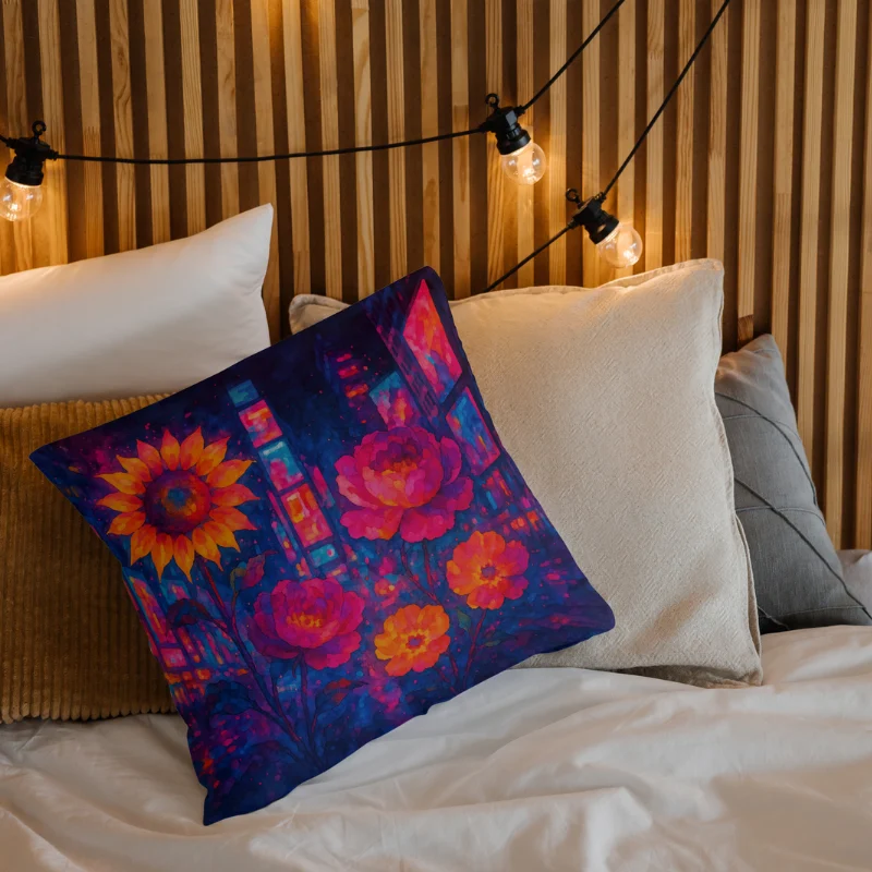 Decorative abstract floral throw pillow with neon glow flowers styled on a bed