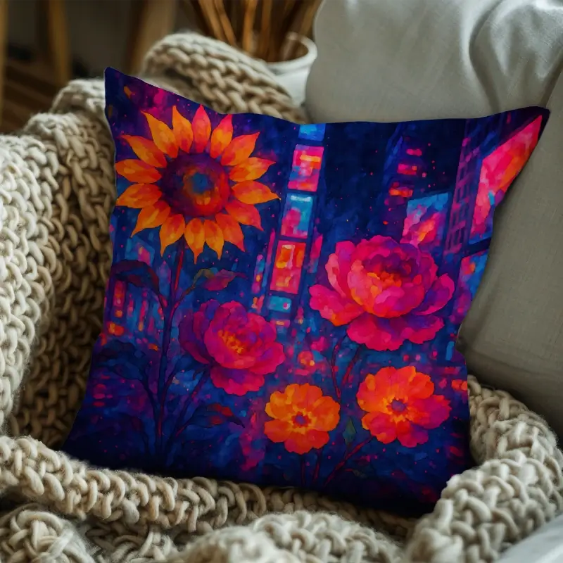 Times Square neon floral watercolor throw pillow styled on a modern sofa