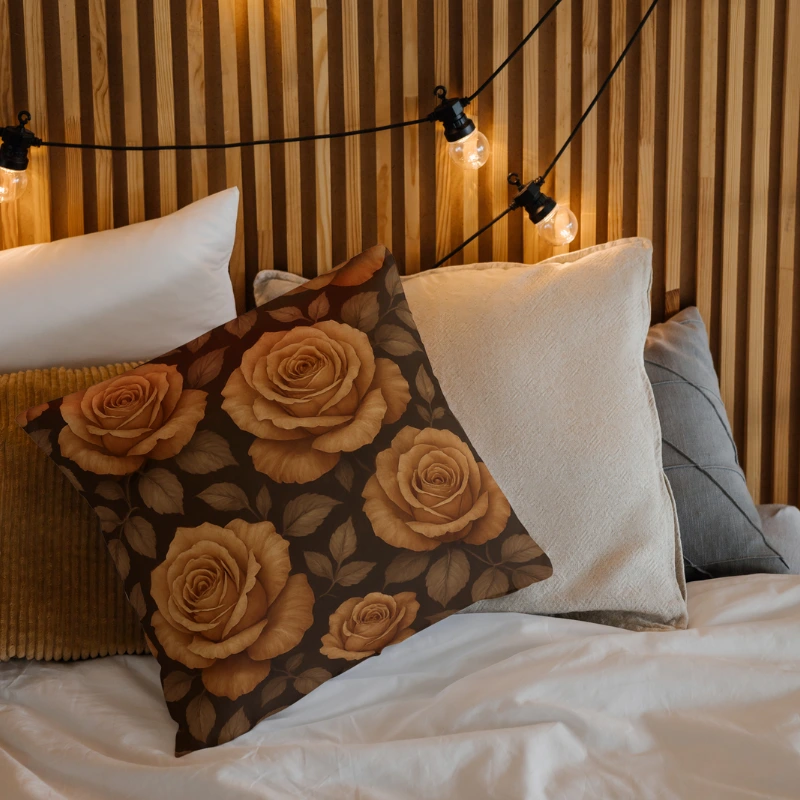 Vintage rose throw pillow on classic armchair with traditional styling