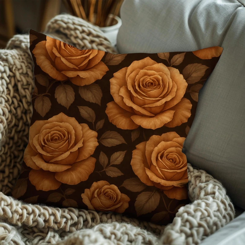 Toffee rose pattern pillow on leather sofa with warm, cozy decor